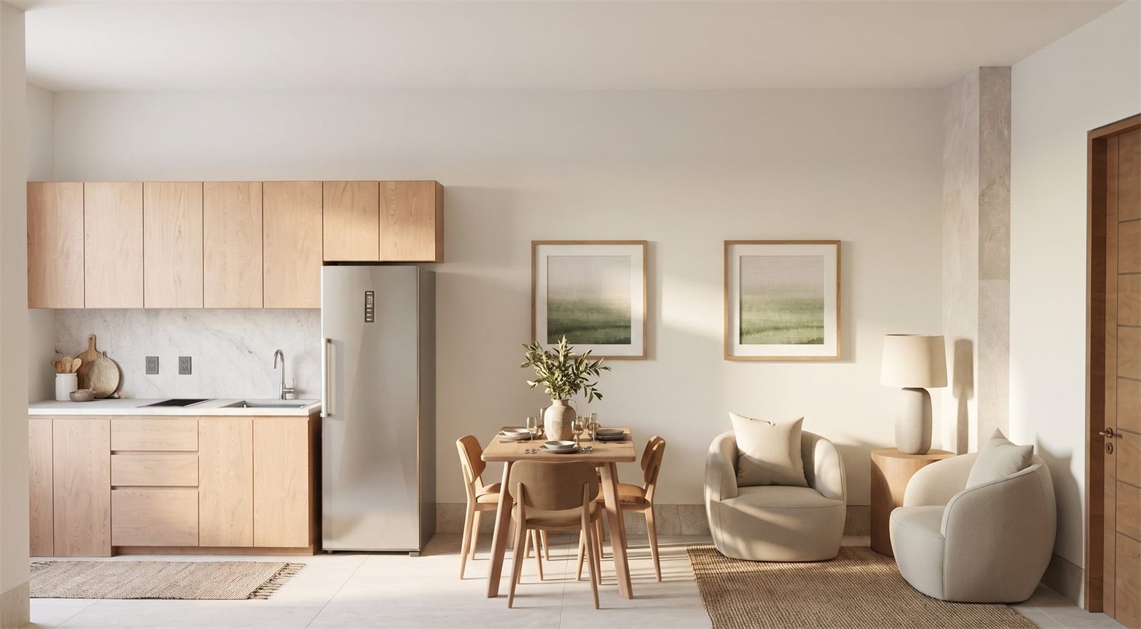 Interior con cocina de madera, comedor y sala minimalista
