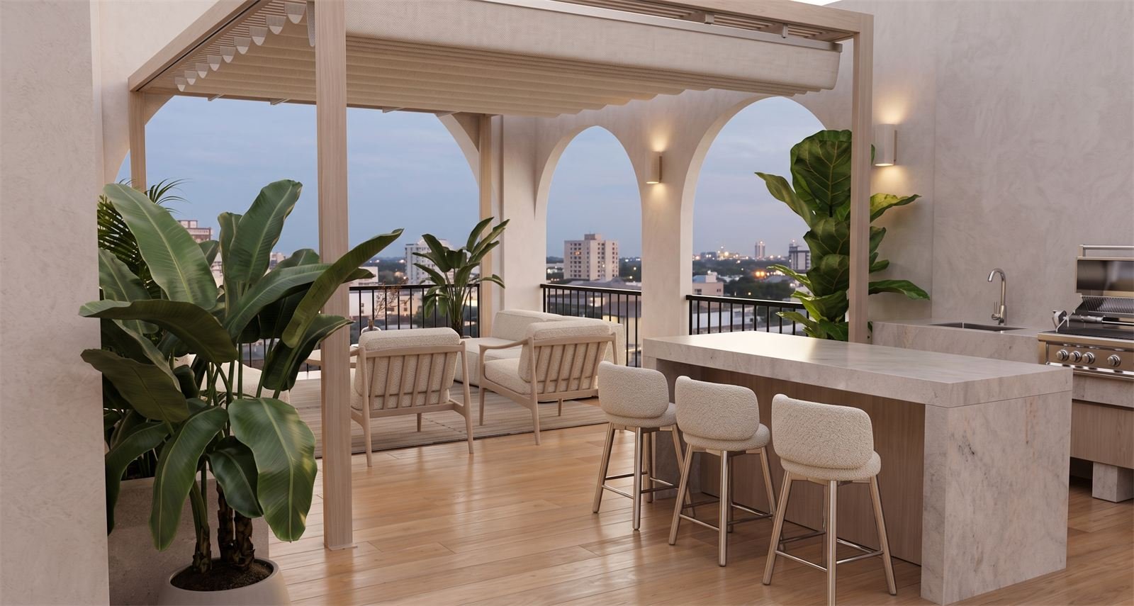 Zona de asadores con barra y pérgola en el rooftop