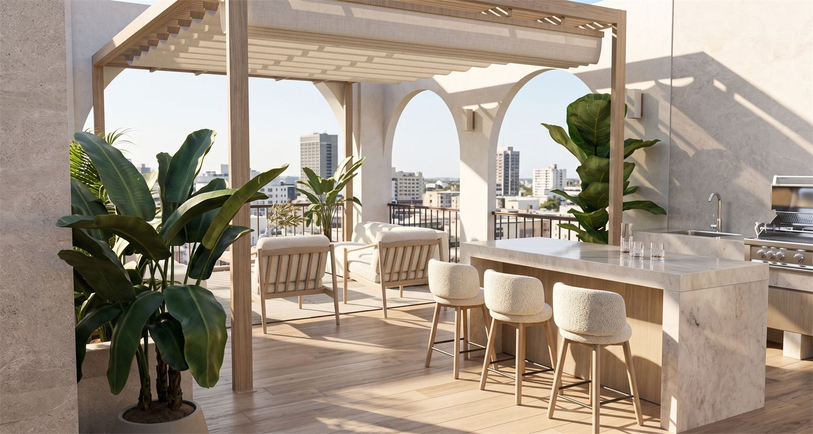 Rooftop con pérgola, bar de mármol, asador y vista a la ciudad